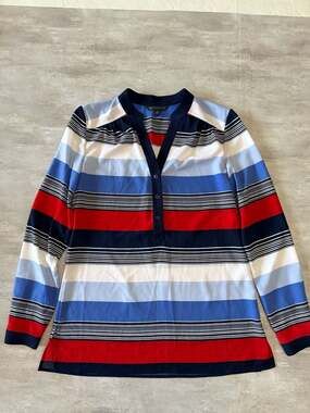 Brooks Brothers 346 Red White & Blue Striped Long Sleeve V-Neck Popover Blouse S